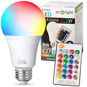 LED žárovka E27 - 8W - RGB+NW + dálkový ovladač