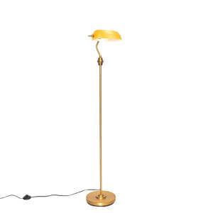 Klasická notářská stojací lampa bronzová s jantarovým sklem - Banker